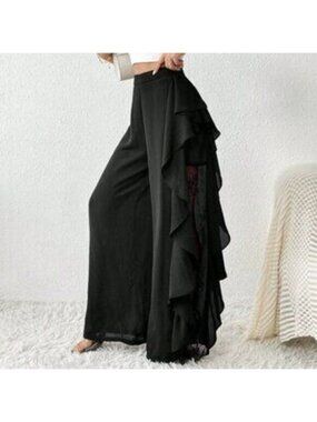 Black Elegant Women's Contrast Lace Ruffle Trim Wide Leg Pants